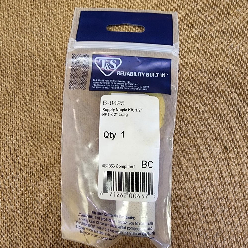 B-0425 T&S Brass Supply Nipple Kit, 1/2 Npt X 2 Long Genuine OEM TSB-0425